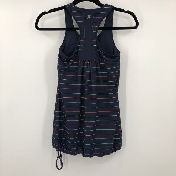 Athleta Navy Blue Multicolor Stripe Ties Racerback Built In Bra Tinker Tank Top - Picture 3 of 10